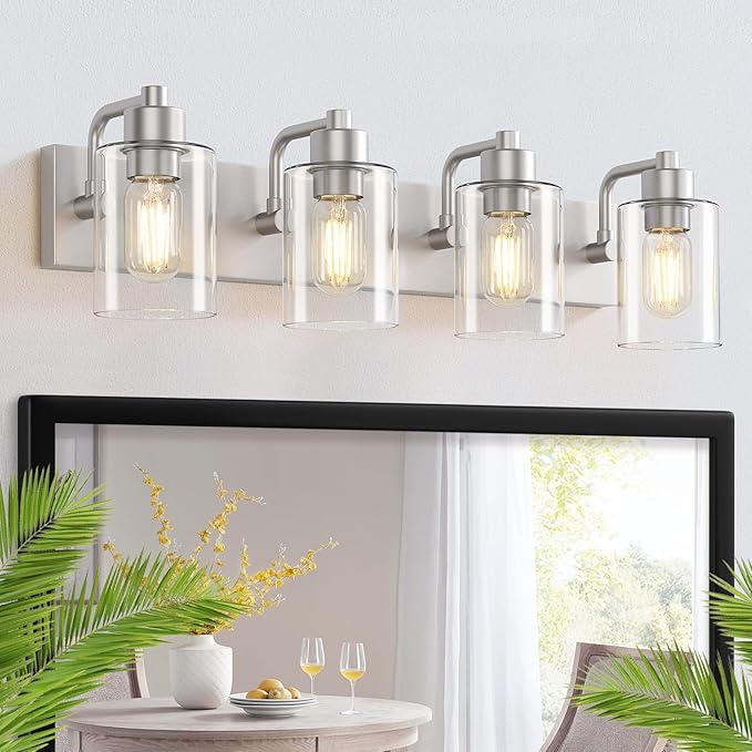 Dpyrrhic Brushed Nickel Bathroom Light Fixtures, Wall Mounted 4-Light Bathroom Lights Over Mirror with Clear Glass Shade,Wall Sconces for Kitchen Living Room Bedroom