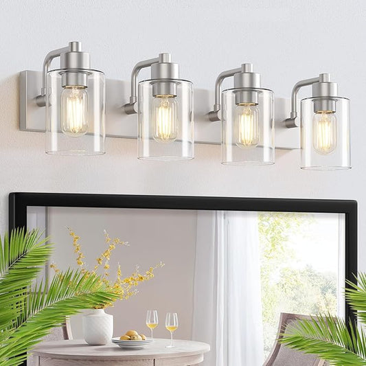 Dpyrrhic Brushed Nickel Bathroom Light Fixtures, Wall Mounted 4-Light Bathroom Lights Over Mirror with Clear Glass Shade,Wall Sconces for Kitchen Living Room Bedroom