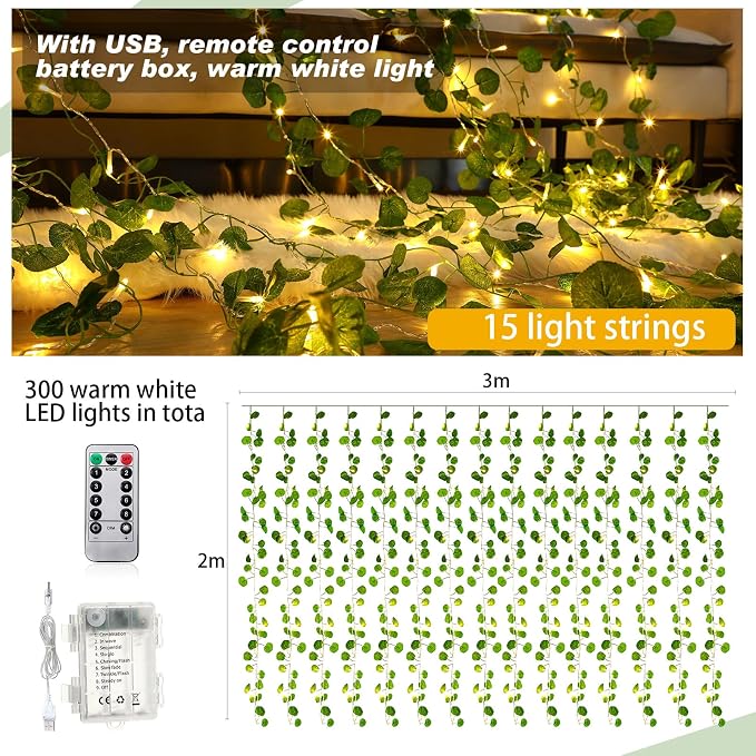Unittype 15 Pcs 6.6 ft 300 LED Fake Ivy Vines with Lights for Bedroom String Fairy Light Curtain Artificial Hanging Vines Plant Garland with Light for Wall Outdoor Indoor Decor(Eucalyptus Leaf)