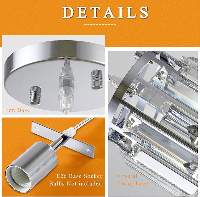 Pendant Lights Kitchen Island Modern Chrome Pendant Light Fixtures, Island Pendant Lights for Kitchen, mini pendant lights Crystal, Adjustable Hanging Lights Fixture for Dinning Room (Chrome 2-Pack)