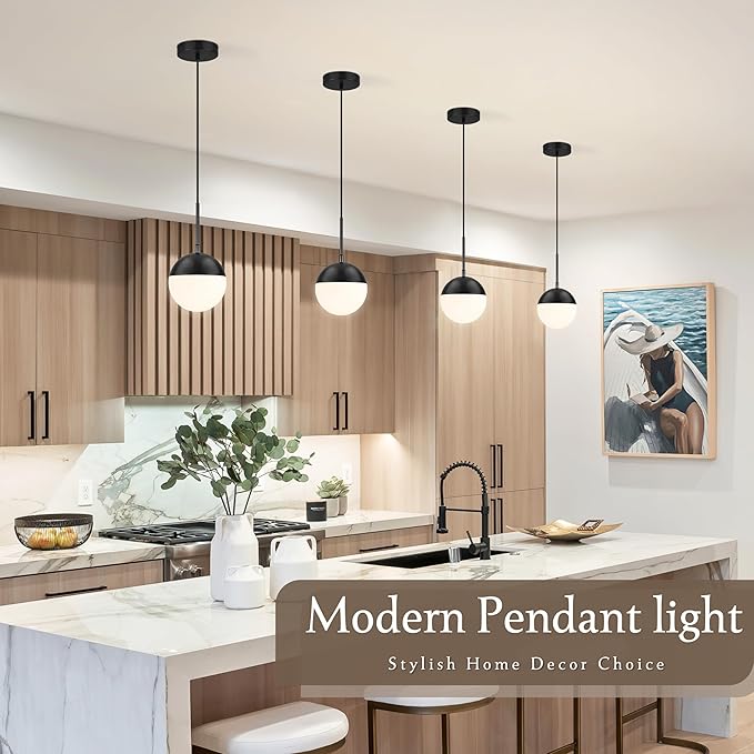 6 Inch Black 2 Pack Mid Century Modern Pendant Light Pendants for Kitchen Island Frosted Milky White Glass Globe Height-Adjustable Modern Hanging Globe Pendant Light for Bedroom (Bulb Incl)