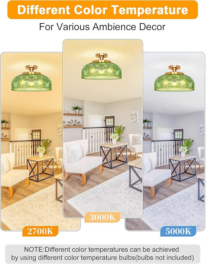 Green Semi Flush Mount Ceiling Light, 12 Inch Large Ceiling Light Fixture Gold, 3-Light Globe Glass Farmhouse Kitchen Lighting Fixtures for Bathroom, Hallway, Dining Room (Bulb Not Included)