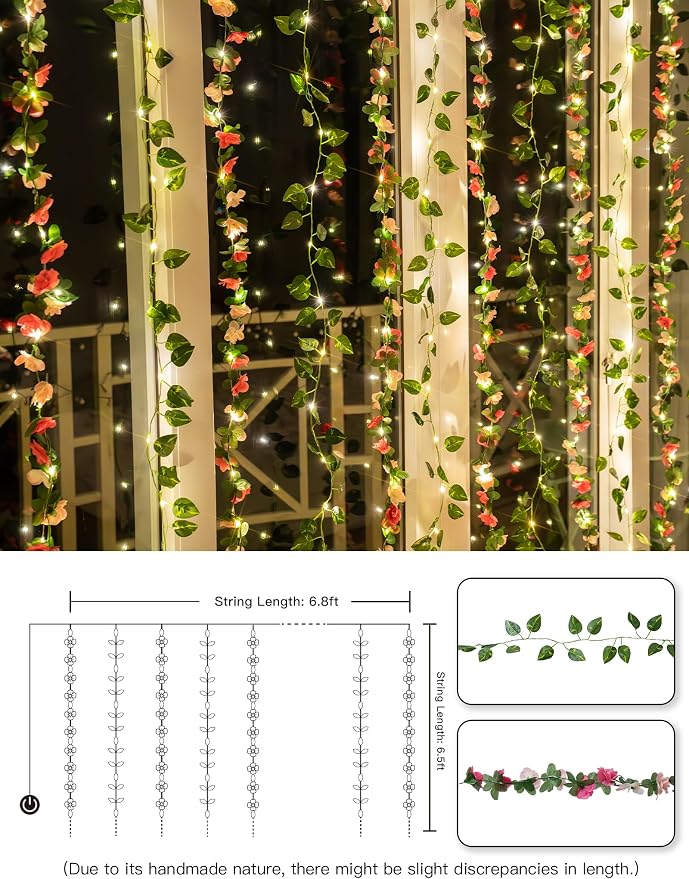 suddus 300 LED Artificial Flower Garland Pothos Vines Curtain Lights, Rose Vines Fairy Lights for Bedroom, Hanging String Lights for Wall, Room, Dorm, Wedding, Party, Indoor Decor 6.8ft x 6.5ft