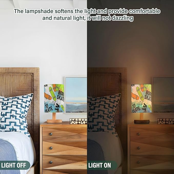 Aslsiy Grunge Skateboarding Bedside Table Lamp White Nightstand Lamp Night Light Fabric Shade for Bedroom Living Room Home Office
