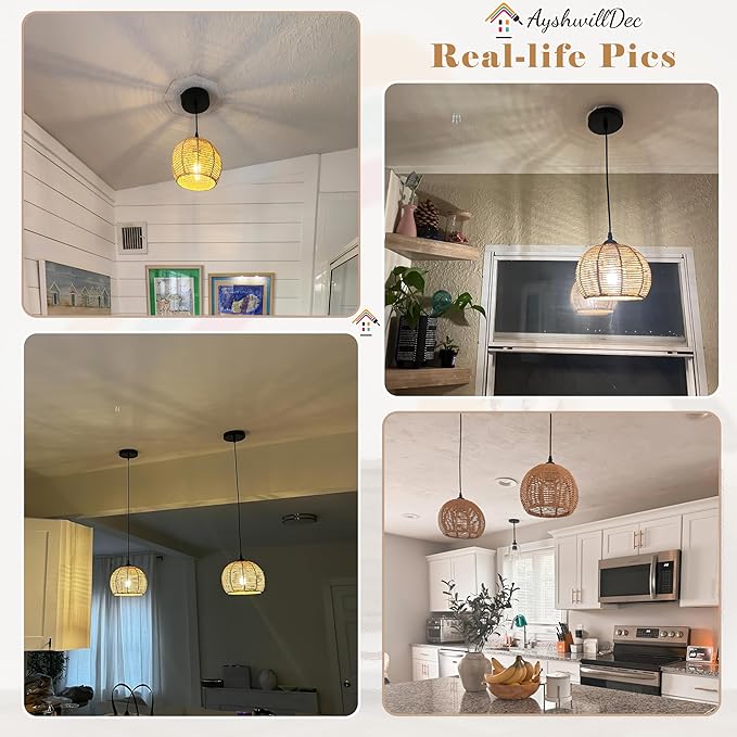 2 Pack Wicker Pendant Light Natural Woven Pendant Light Boho Chandelier Light Fixture Dome Rustic Farmhouse Pendant Lights Rattan Light Fixture for Kitchen Island Dining Room (Bulb Incl.)