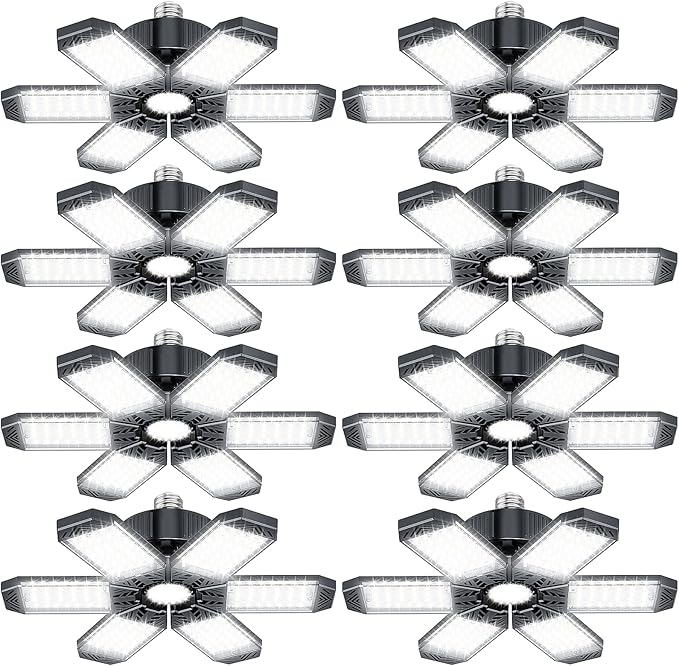 Garage Lights 200W - 8 Pack LED Garage Ceiling Lights 20000LM 6500K with 6+1 Adjustable Panel, Shop LED Screw Into E26 Bulb Socket, Lighting for Workshop Barn Basement Warehouse Gym