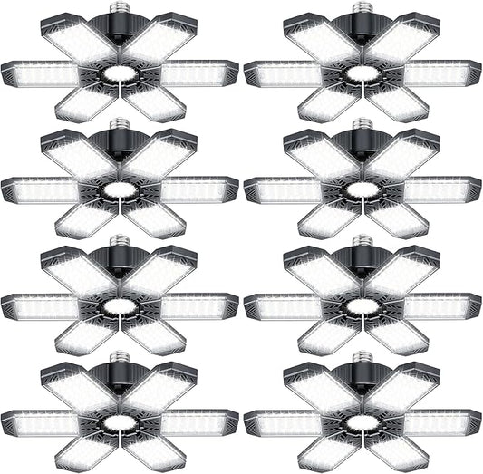 Garage Lights 200W - 8 Pack LED Garage Ceiling Lights 20000LM 6500K with 6+1 Adjustable Panel, Shop LED Screw Into E26 Bulb Socket, Lighting for Workshop Barn Basement Warehouse Gym