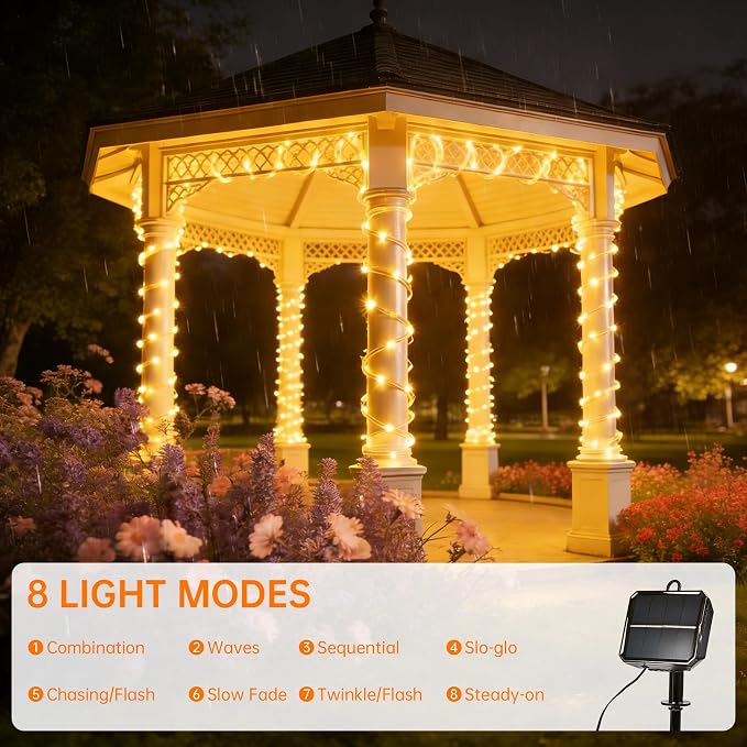 Solar Rope Lights for Outside, 2 Packs Total 132ft 400 LED Solar String Lights with 8 Modes, Waterproof Solar Outdoor Light for Patio Garden Party Tree Porch Holiday Xmas Decor - Warm White