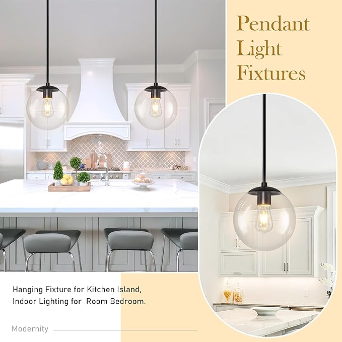 Bagood 10" Globe Pendant Light Black 2 Pack Mid Century Pendant Light Globe Pendant Lights Kitchen Island Matte Black Finished with Clear Glass Adjustable Ceiling Light Fixtures for Dining Room Bar