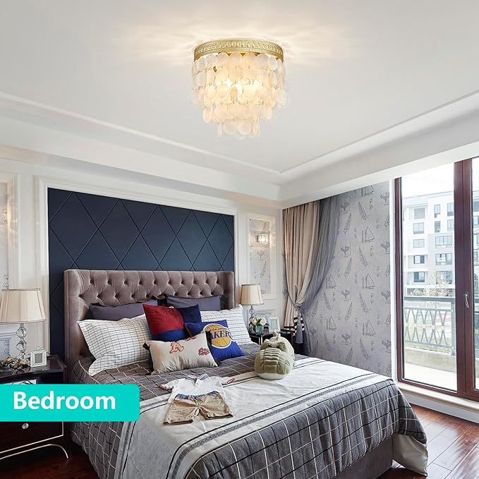 Modern Capiz Shell Ceiling Light, Costal Design, Close to Ceiling Light Fixture for Dining Room, Living Room, Bedroom, Hallway, Foyer, Gold Finish Frame, 3*E12 Socket, D12.6*H12.6 inches