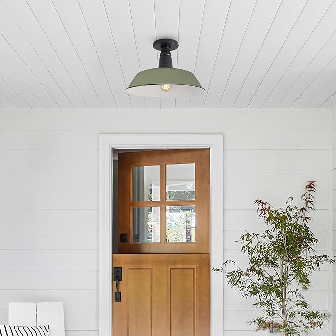 JONATHAN Y 14" Matte Olive Green/Black Industrial LED Semi Flush Mount Ceiling Light for Porch, Kitchen, Entryway, Modern Farmhouse Iron Fixture, White Metal Shade, LED Bulb Included (JYL7617I)