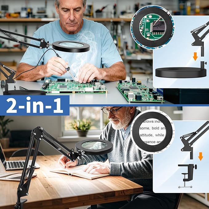 HITTI 10X Magnifying Glass with Light, 1,800 Lumens Stepless Dimmable, 3 Color Modes, 4.2″ Real Glass Lens LED Desk Lamp & Clamp, Magnifier Light and Stand for Crafts, Soldering, Fly Tying, Close Work
