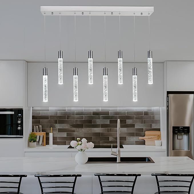 8-Light Chrome Integrated Crystal Pendant Chandelier,Dimmable LED Ceiling Light with Adjustable Height for Kitchen Island, Dining Room & Bedroom 3000K -6000K