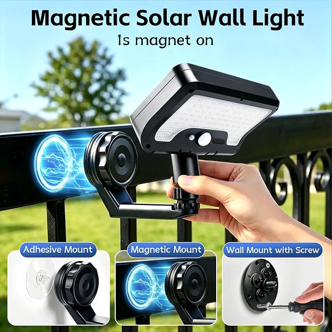 Akynite Magnetic Solar Lights Outdoor, 92LED 600LM Solar Security Light with Motion Sensor, IP65 Waterproof RV Exterior Lights with 4 Lighting Modes USB Charge for Deck Patio Camper Exterior Wall