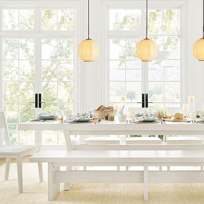 Vintage Milk Glass Pendant Lights Kitchen, Brass Color Glass Ceiling Light Fixture, Retro Industrial Pendant Lighting for Dining Room, Kitchen, Bedroom, Entryway, Hallway (White and Gold, 7in)