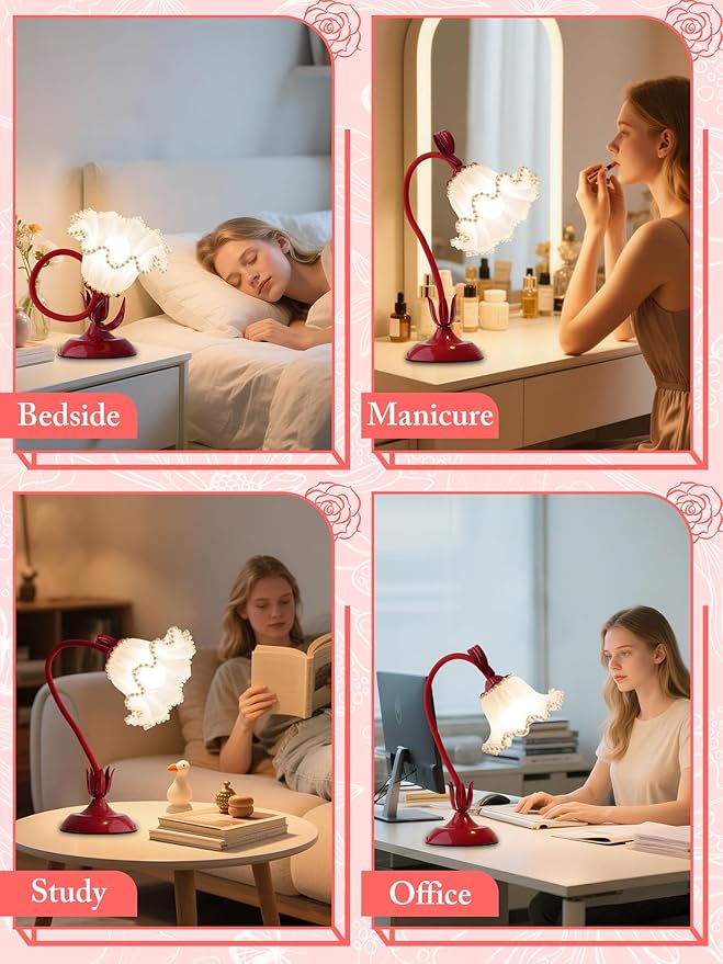 AQDZCNF Flower Table Lamp,LED Reading Light Bedside Vintage Flower Night Light,3 Colors Modes Kawaii Bedside Lamps Decor,Living Room Bedroom Room Lighting Table Lamps Home Decoration (Red Pearls)