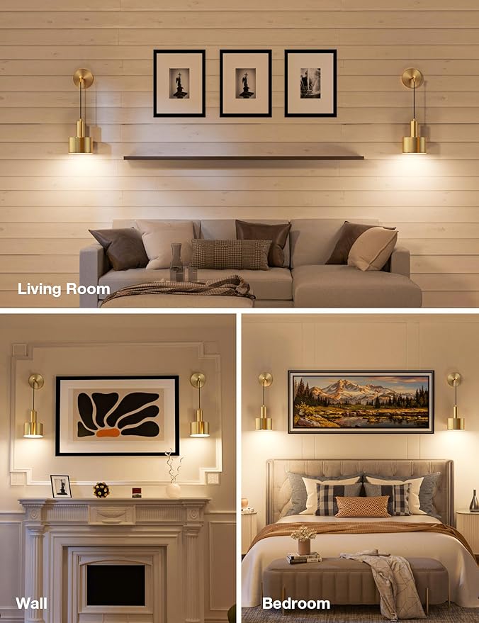 NIORSUN Battery Operated Wall Sconce Set of 2, Gold Wireless Rechargeable Wall Lights with 5200mAh Dimmable Detachable Bulbs and Remote, 9 Colors Sconces Wall Decor for Bedroom Living Room Hallway