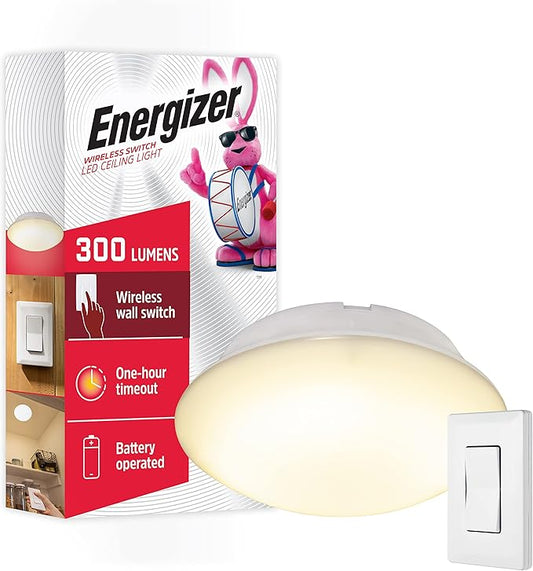 Energizer LED Ceiling Light Fixture, Battery Operated, Wireless Wall Switch Remote, 300 Lumens, Ceiling Light No Electricity, Perfect for Closets, Laundry Room, Garage, Shed and More, 58823-T1