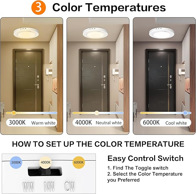 Motion Sensor Ceiling Light Hardwired, 7.5 Inch 3000K 4000K 6000K Selectable LED Flush Mount Ceiling Light Fixture with Timer, 15W Motion Sensor Light Indoor for Closet Hallway Laundry Stairs