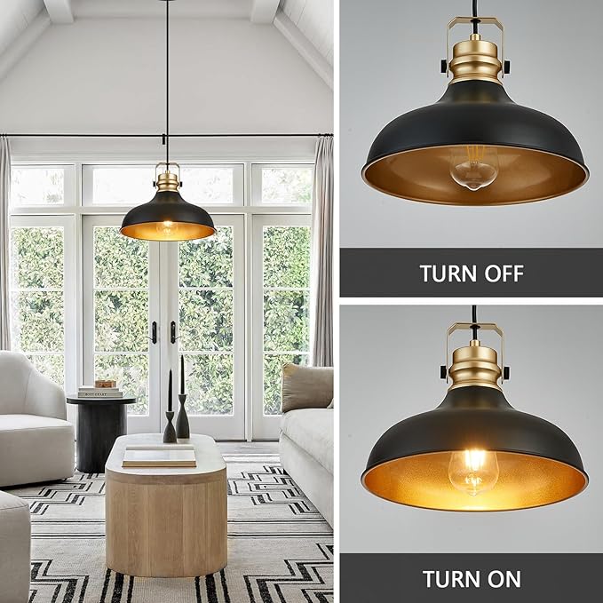 Black and Gold Farmhouse Pendant Lights Matte Pendant Lighting for Kitchen Island Industrial Adjustable Height Vintage Dome Hanging Light Fixtures for Barn, Dining Room 2 Packs