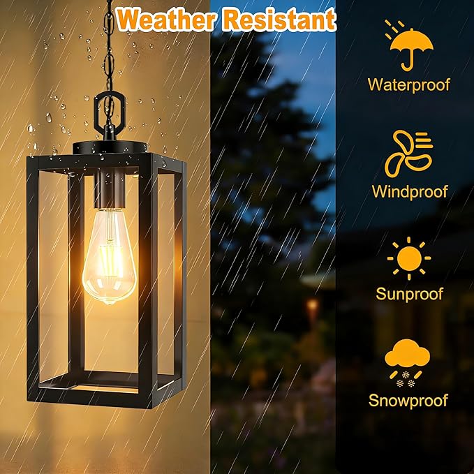 13" Outdoor Pendant Light for Porch - Farmhouse Exterior Hanging Lantern with Clear Glass,Weatherproof for Entryway, Doorway, Patio, Garden, and Outdoor Spaces