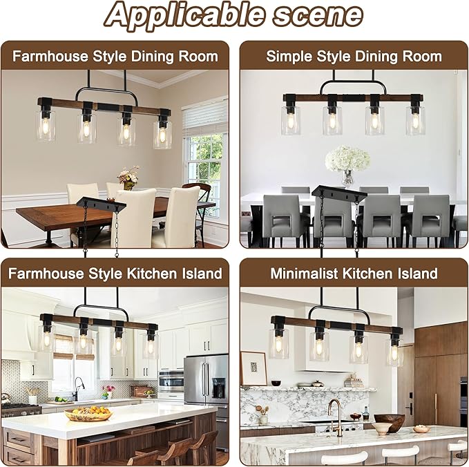 Farmhouse Dining Room Light Fixtures Over Table，Rustic Ceiling Pendant Lights Kitchen Island，4-Light Wood Kitchen Island Lighting Linear Chandelier with Clear Glass lampshade