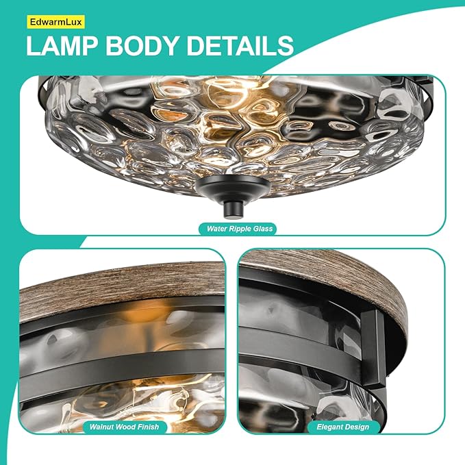 Edwarmlux Flush Mount Ceiling Lights, 2-Light Farmhouse Close to Ceiling Light, Industrial Ceiling Lighting Fixture for Kitchen Hallway Bedroom Living Room Stairways Porch (Water Ripple Glass)