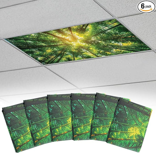 Fluorescent Light Covers with 10 Strong Magnets - 6 Pack Magnetic Light Covers Filter for Ceiling Lights Classroom Office Hospital to Eliminate Harsh Glare, Flame Retardant Fabric, 4 x 2 FT, Forest
