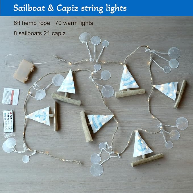 MIYA LIFE Nautical Decor Sailboat Ocean Light with Capiz Wind Chimes - 6.5FT 70LED Beach Garland with Lights Battery Operated with Remote for Coastal Room Beach Decor