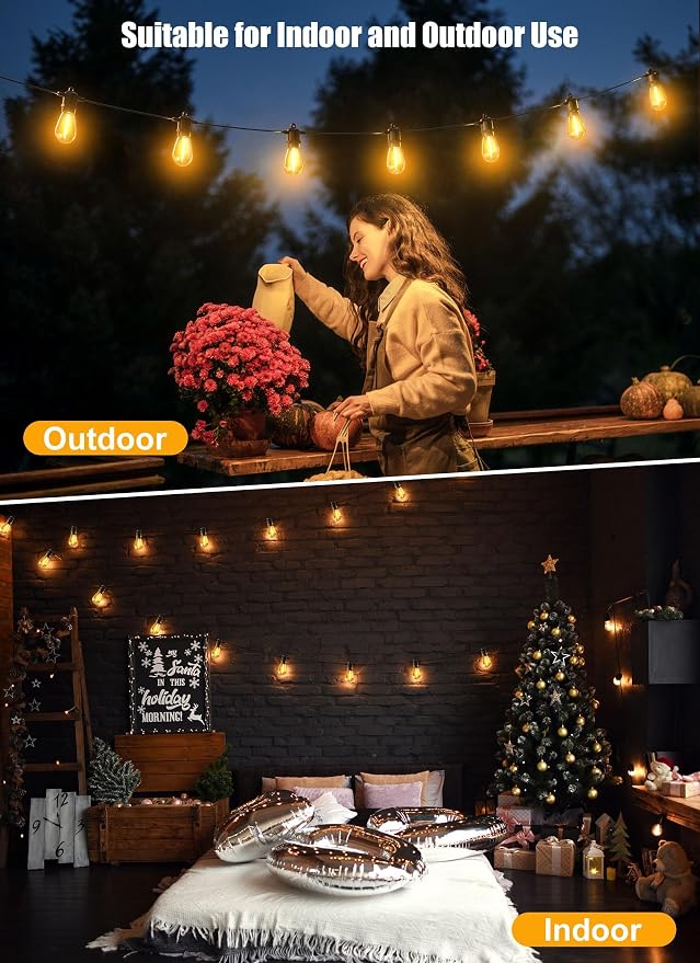 Minetom 34FT Solar String Lights Outdoor with Remote, Patio Lights with 10 LED Shatterproof Bulbs and Hooks, E26 Socket and Type-C Port, Waterproof Hanging Lights for Outside Cafe Garden Bistro
