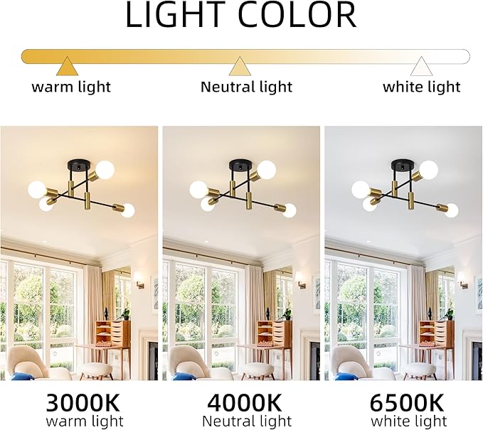 Garwarm 2 Pack 4-Light Industrial Semi Flush Mount Sputnik Ceiling Light Fixture, Black and Gold Modern Sputnik Chandelier for Porch Bedroom Hallway Kitchen Farmhouse