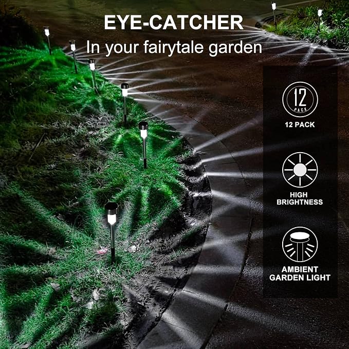 Dream Master Solar Lights Outdoor Waterproof, Stainless Steel LED Landscape Lighting, Solar Garden Lights, Outdoor Decorations for Yard, Pathway, Walkway, Patio, Lawn - 12 Pack (Cold White)