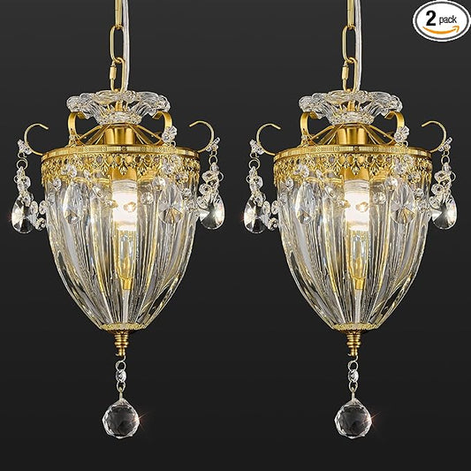 Modern Chandelier, Gold Chandelier Crystal Pendant Lights Small Chandelier Light Fixture, Crystal Chandeliers for Living Room Dining Room Kitchen Entryway (2 Pack)