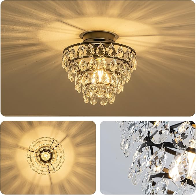 Mayful Modern Crystal Ceiling Light Fixture Black Semi Flush Mount Ceiling Chandelier Mini Ceiling Light for Hallway Bedroom Bathroom Living Room E26
