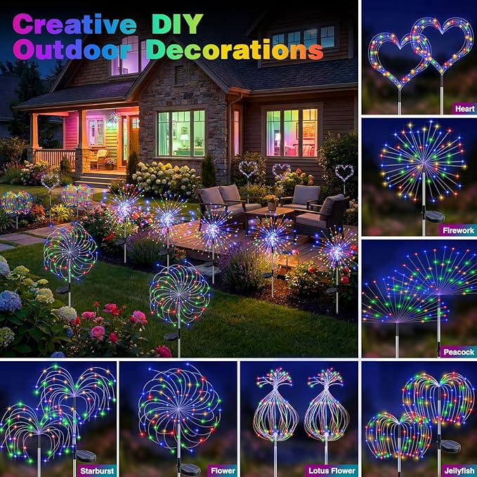 btfarm 10 Pack Solar Garden Lights Outdoor, 8 Modes Firework Lights Solar Powered, Waterproof Twinkle Fairy Light Outside for Yard Patio Pathway Pool Christmas Party Decorative, Multicolor