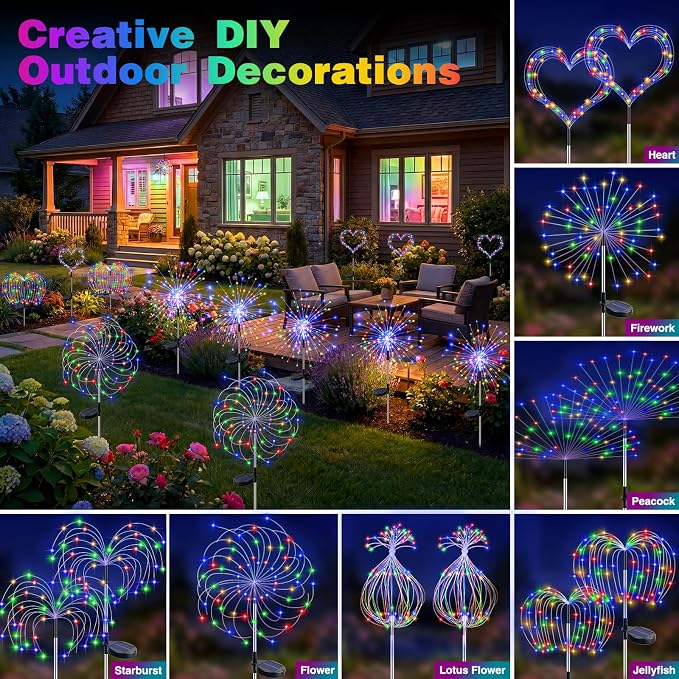 btfarm 2 Pack Solar Garden Lights Outdoor 8 Modes, 120 LED Firework Lights Solar Powered, Waterproof Twinkle Fairy Light Outside for Yard Pathway Lawn Pool Patio Christmas Decorative, Multicolor
