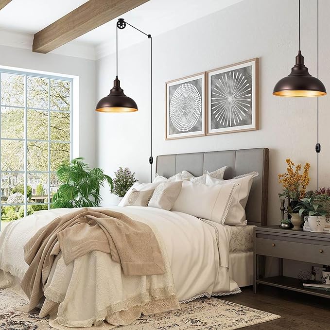 Oil Rubbed Bronze Pendant Light Hanging Lamps for Living Room Plug in 15FT Dimmable Switch Adjustable Pulley Hanging Lights with Cord for Kitchen Bedroom 2 Pack