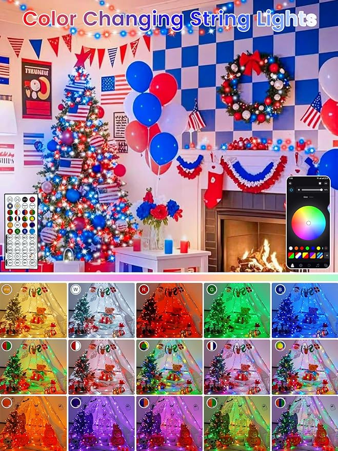 400LED Smart 4th of July String Lights App Controlled, 142FT Waterproof Red White and Blue Lights, Patriotic RGB Color Changing Twinkle Light with Remote & Timer Indoor Outdoor for Memorial Day Decor