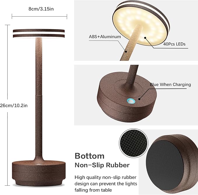 Hapfish 2 Pack Cordless Table Lamps Rechargeable, 5000mAh Battery Powered Lamp, 3 Color Modes, Dimmable, LED Table Lamps for Living Room,Outdoor, Dinner,Patio,Restaurant – Rust