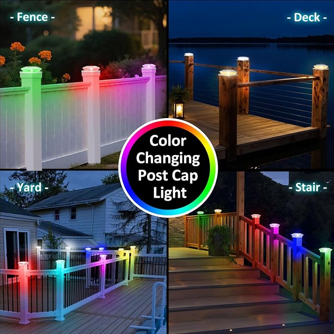 T-SUN Solar Post Cap Lights with Auto-Change Colors- for Wooden (4x4/6x6) & Vinyl (4x4/5x5) Posts | Weatherproof Outdoor Solar Fence Post Lights for Deck, Porch, Garden & Stairs(6-Pack,RGB)