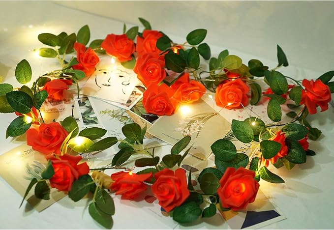 Rose Vine Lights with Remote, Battery or USB Operated Artificial Flower Garland, Hanging Fairy Lights for Bedroom Headboard, Valentine‘s Day, Wedding, Romantic Party Décor (Red, 9.9)