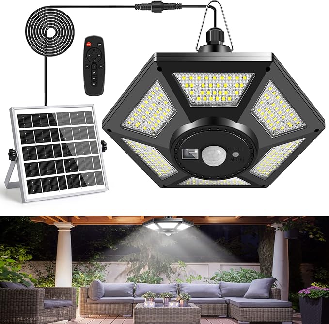 Deogos Solar Shed Light, Solar Pendant Light Indoor Outdoor,180 LED 1000LM Solar Indoor Lights Motion Sensor with Remote Control for Shed Barn Gazebo Garage Home