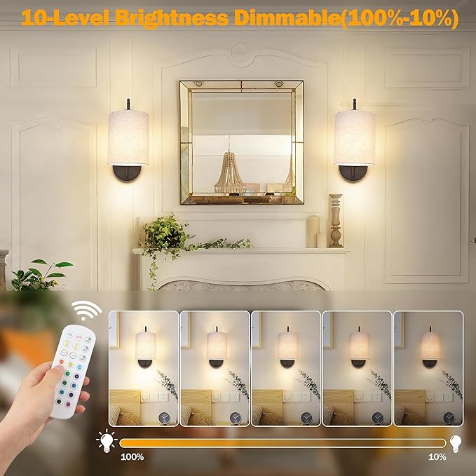 MATAMEYE Battery Operated Wall Sconce Set of 2, Black Rechargeable Wireless Wall Light Fixture with Remote, 12 RGB Colors & Timer, Indoor Dimmable Wall Lamp with Linen Shade