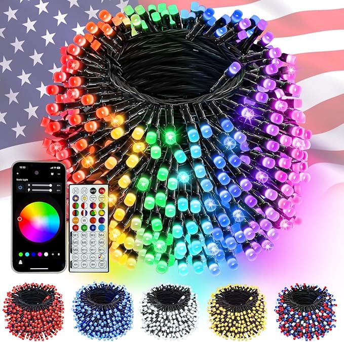 400LED Smart 4th of July String Lights App Controlled, 142FT Waterproof Red White and Blue Lights, Patriotic RGB Color Changing Twinkle Light with Remote & Timer Indoor Outdoor for Memorial Day Decor