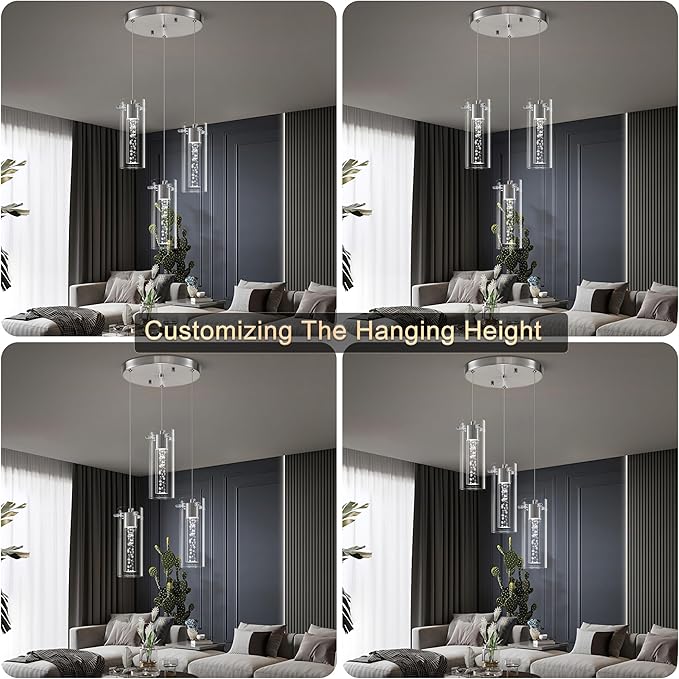 Pendant Lights Kitchen Island, 3-Light Brushed Nickel Pendant Light Fixtures, Cluster Kitchen Island Lights, LED 6000K Pendant Lighting, Modern Hanging Light Fixture for Dining Room Living Room