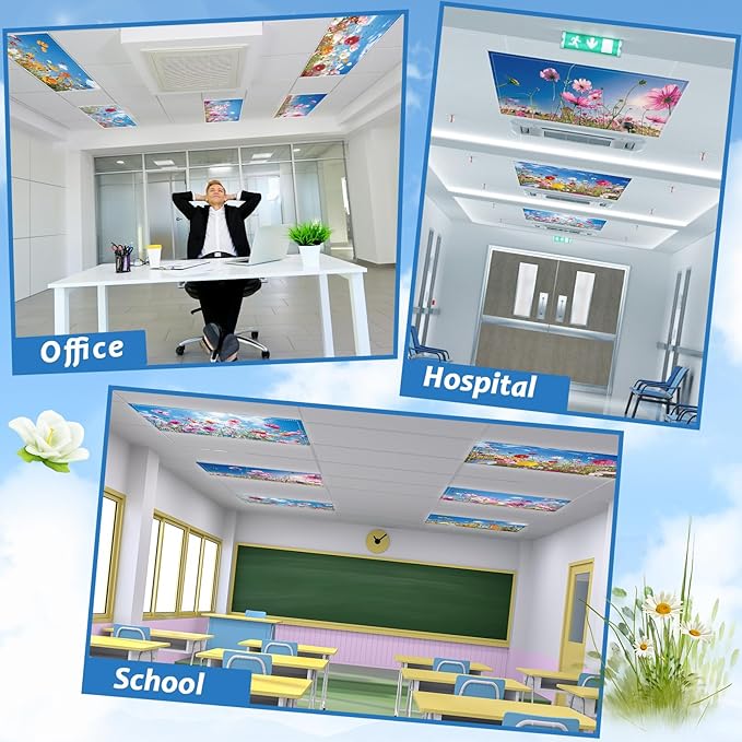 6 Pcs Fluorescent Light Covers with 60 Magnets Decorative for Classroom Ceiling Lights 4 x 2 Feet Magnetic Light Cover Filter Easy Install for Office Hospital Home Ceiling Supplies (Flower Bush)