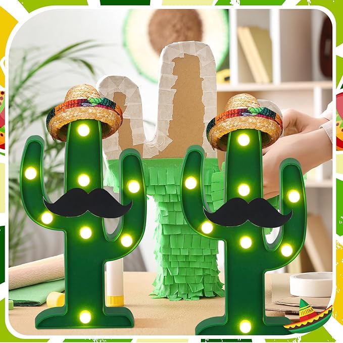 Fiesta Mexican Party Decoration LED Cactus Light with Mini Sombrero Straw Hats and Fake Beard Cinco De Mayo May 5th Table Decor Mexican Party Supplies for Fiesta Taco Table Room Bedroom Decor(12 Pcs)