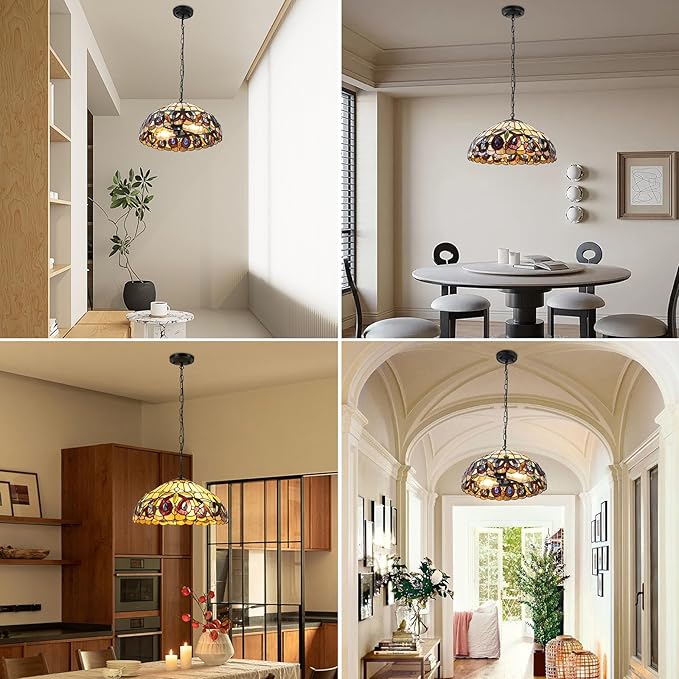 Vintage Pendant Light Fixtures, 16Inch Stained Glass Hanging Lamp 100-240V Antique Style Ceiling Mount Light for Dining Room Living Room Kitchen Entryway-E26