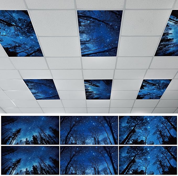 6 Pcs Night Sky Fluorescent Light Covers for Classroom Black Trees Theme Ceiling Lights 4 x 2 Feet Magnetic Light Cover Filter Easy Install for Office Hospitals Home Supplies(Black Trees Sky)