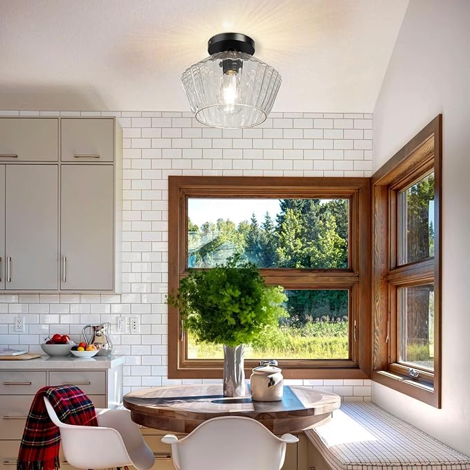 FRIDEKO HOME Semi Flush Mount Ceiling Light - Glass Hallway Lighting Fixtures Ceiling Black Ceiling Light Fixture for Hallway Bedroom Kitchen Bathroom Entryway (Black)